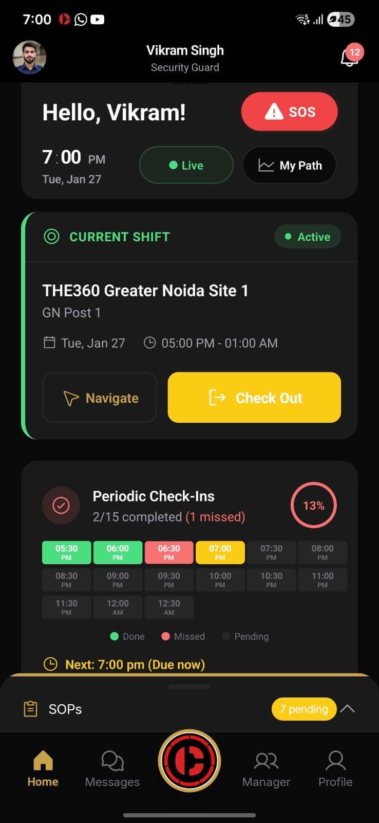 Shift dashboard with check-ins, SOPs, and current shift details