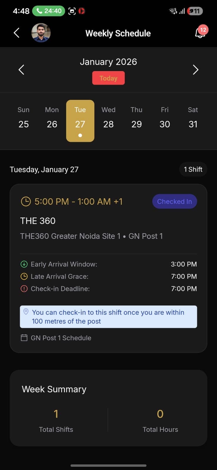 Weekly schedule with GPS check-in details and shift timing